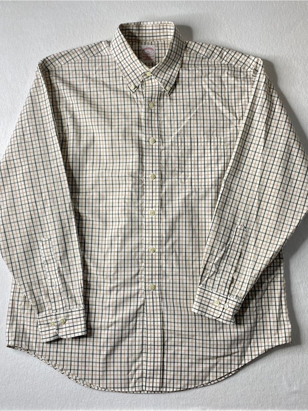 Brooks Brothers Button Down Shirt Men's Large Tan Green Plaid Long Sleeve Preppy - Picture 3 of 6